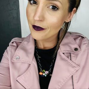 Vintage Multi Colored Cabochon Pendant Metallic Black Plastic Chain Necklace